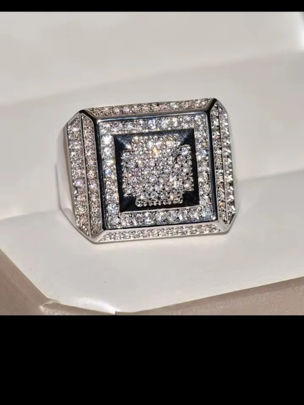 Men's Ring Size 8 Silver-Tone Pavé Square Statement Ring with Black Accents